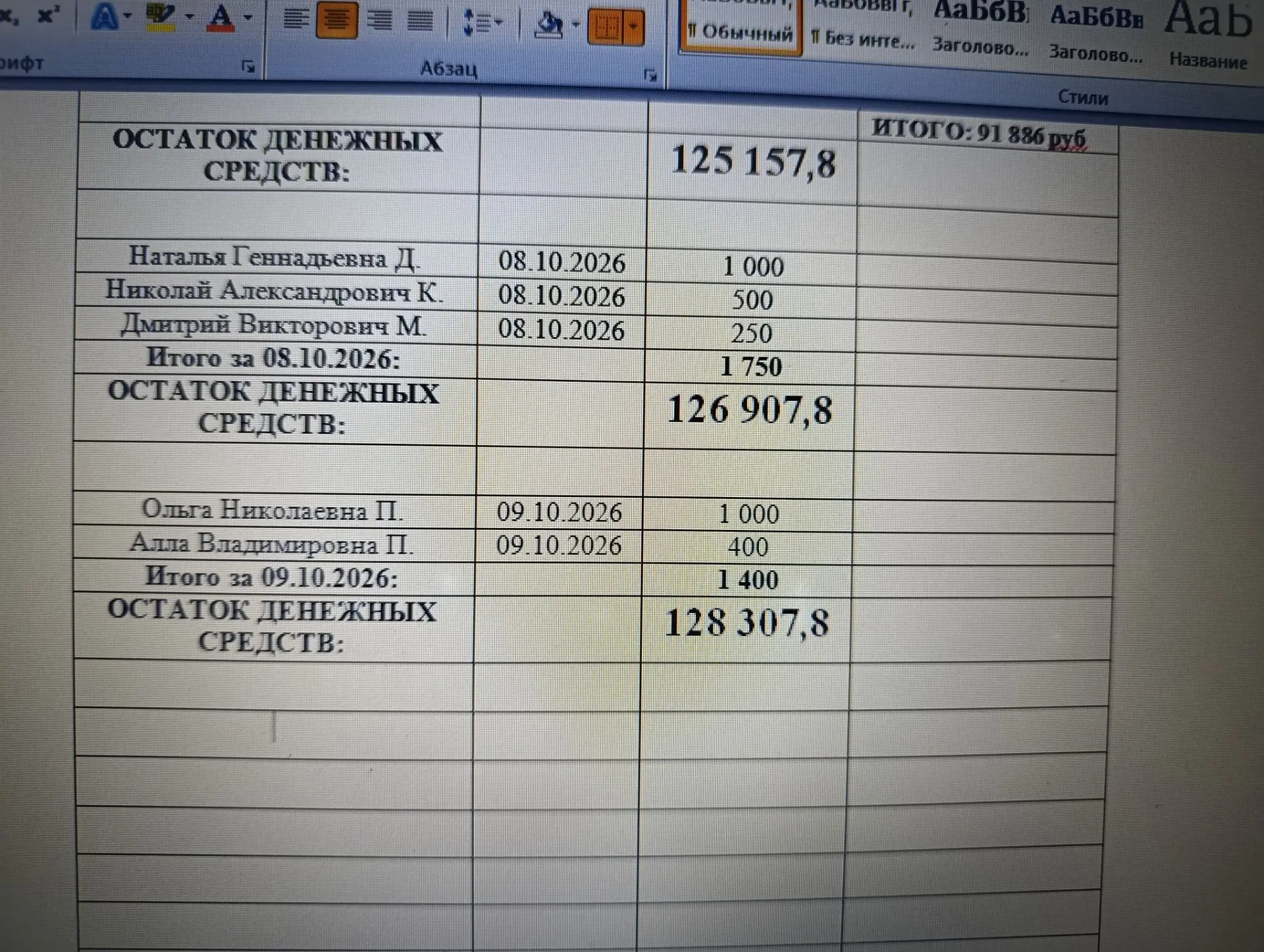 Отчет о денежных средствах общий с 07.10.2026 по 12.10.2026 год. Остаток: 128 307,8 руб...