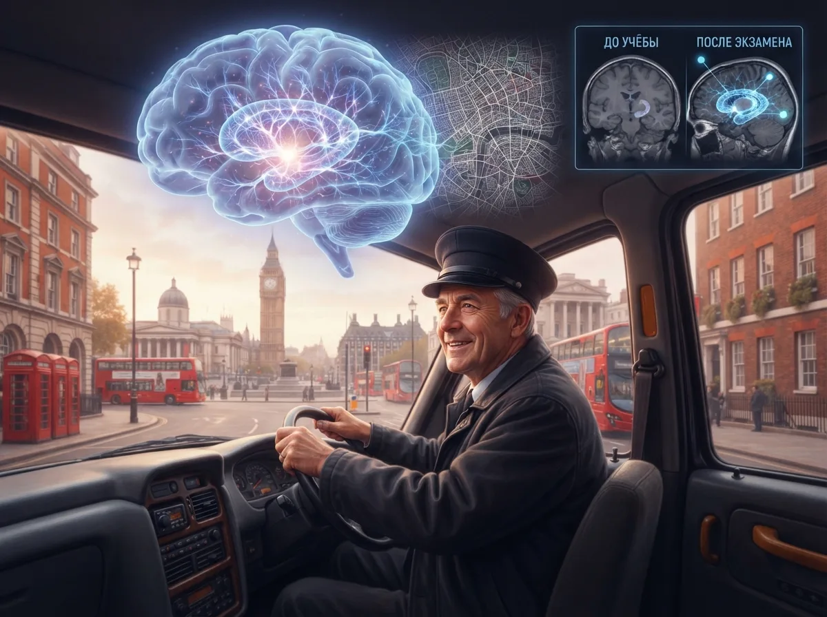 Мозг как мышца: Как карта Лондона физически меняет череп таксиста 🧠🚕⚡️