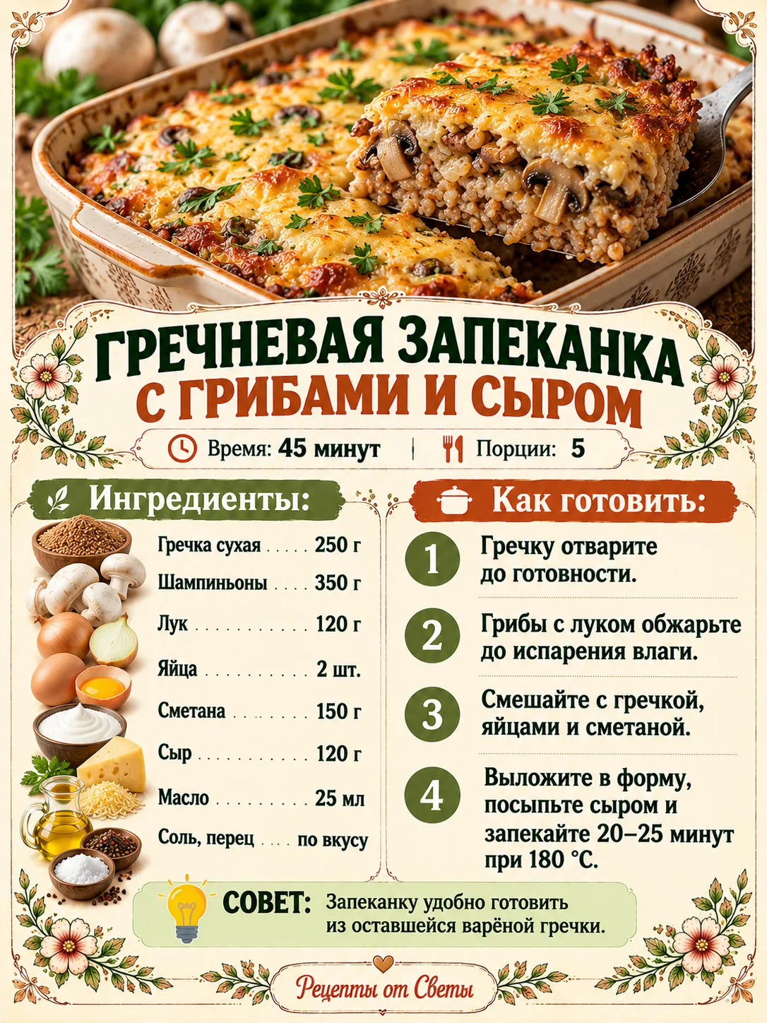 🍄 Гречневая запеканка с грибами и сыром, румяная, сытная и отличный способ превратить ...