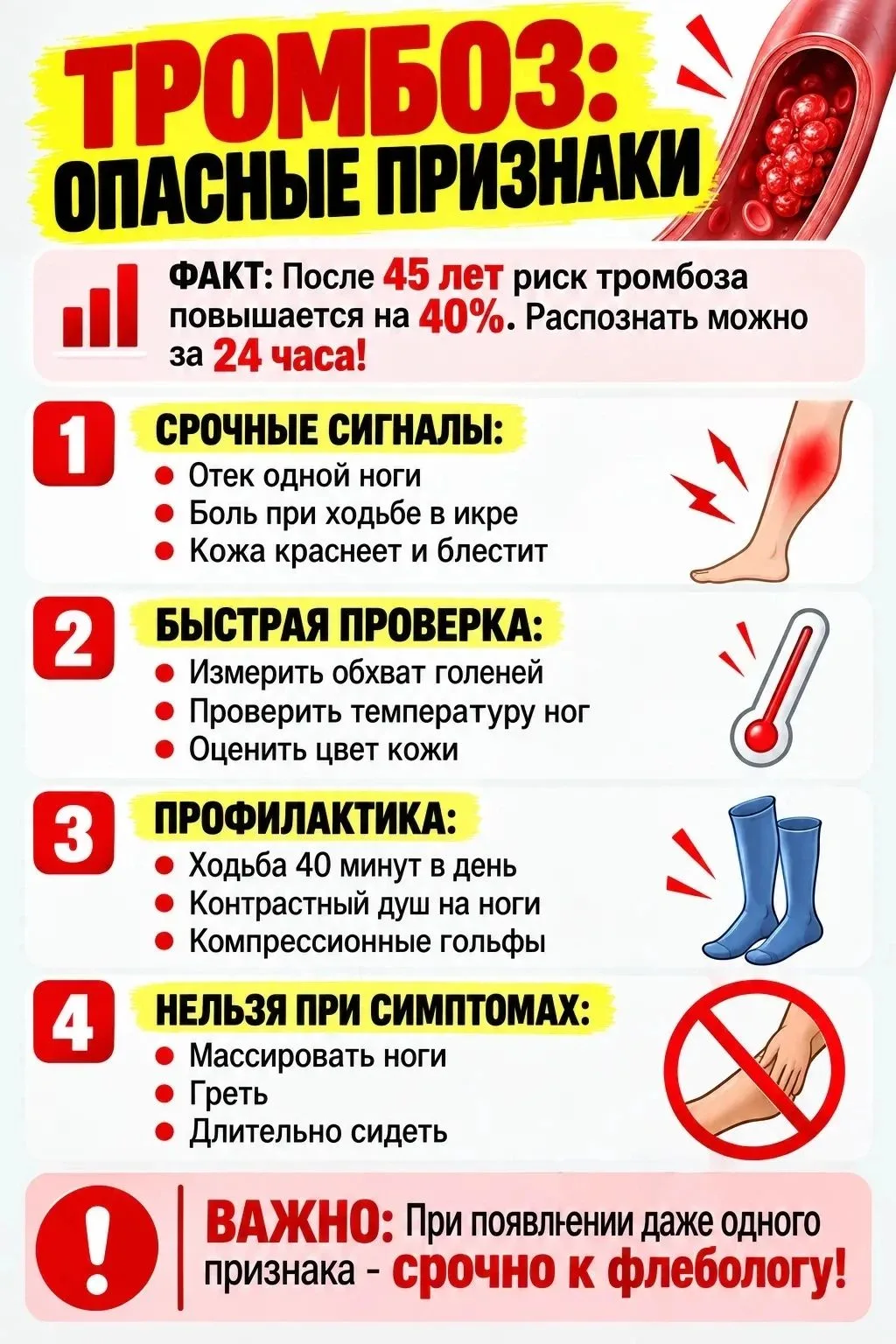 Опасные признаки тромбоза 🦶