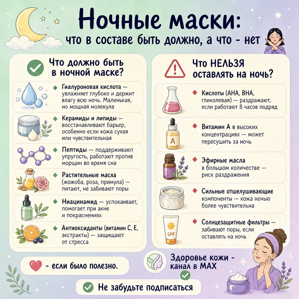 🌙 Ночные маски для лица: что в составе быть должно, а что - нет 🙅‍♀️