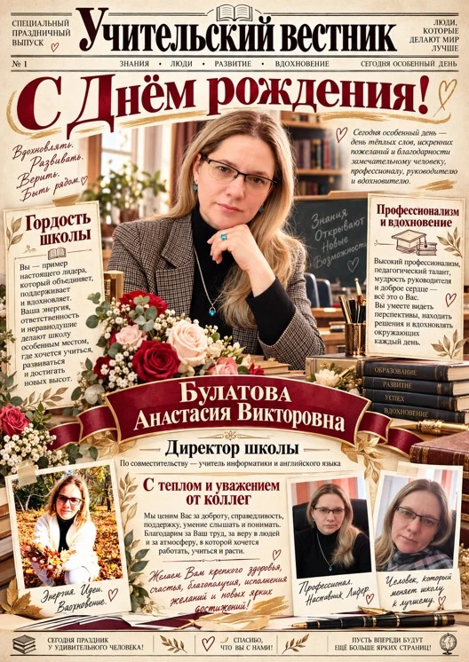 Сегодня весь коллектив МОБУ СОШ  20 поздравляет директора, Булатову Анастасию Викторовн...