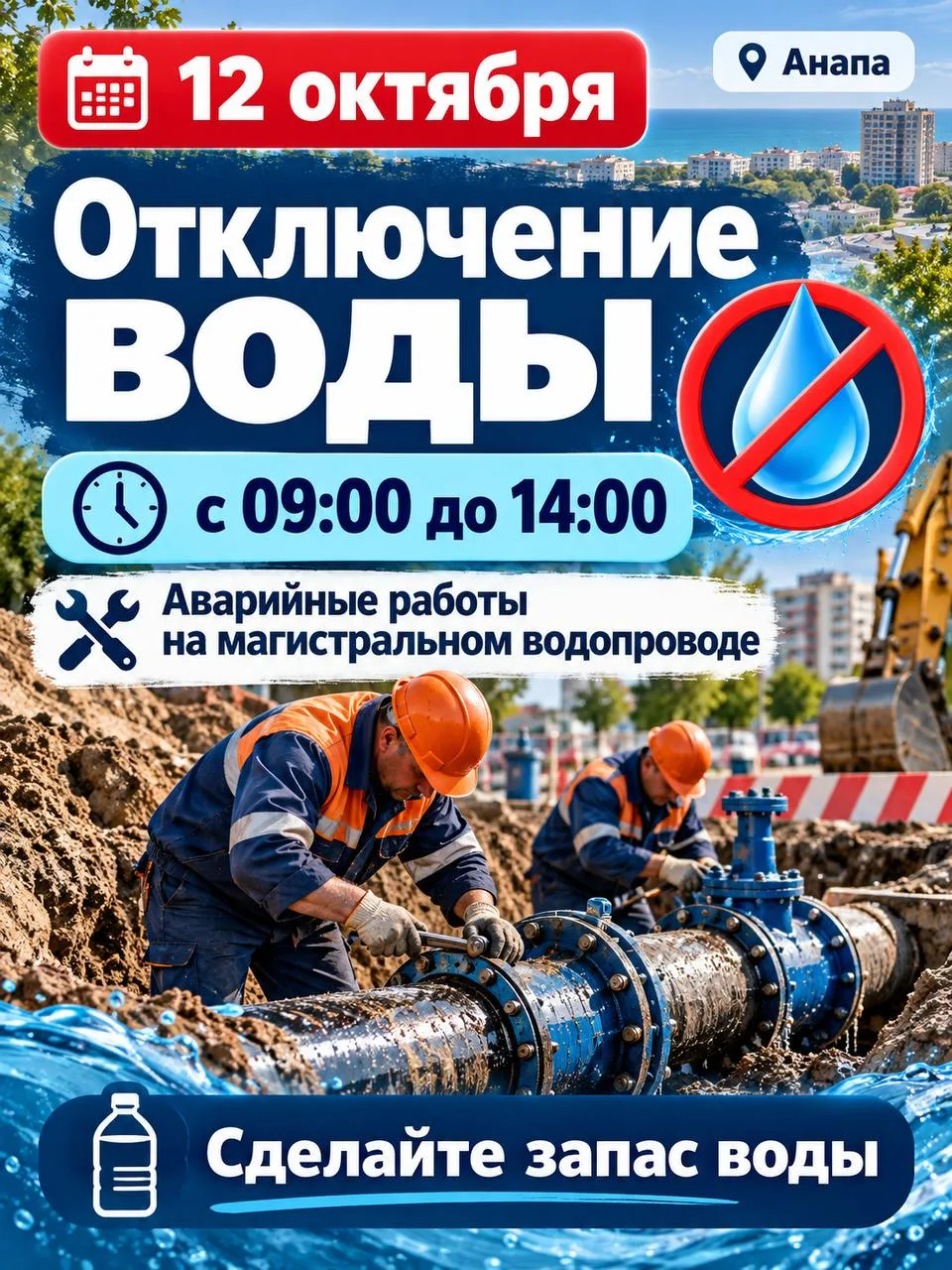 12 октября в Анапе отключат холодную воду. АО Анапа Водоканал проведет аварийно-восстан...