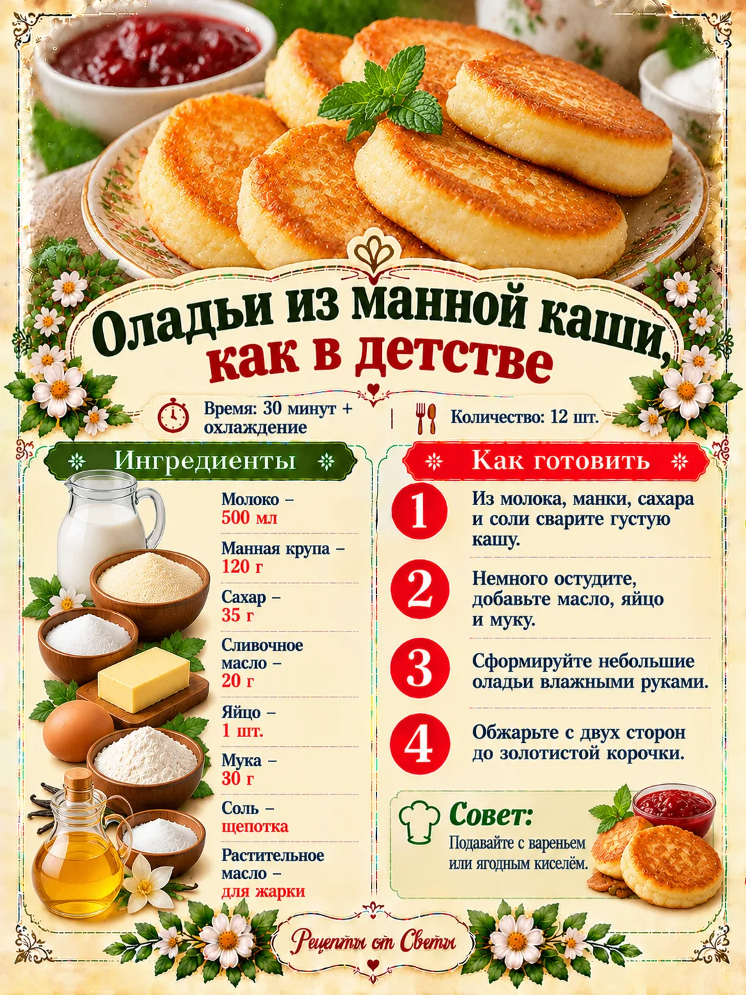 🥞 Пышные оладьи из манной каши, как в детстве, отличный повод сварить каши чуть больше...