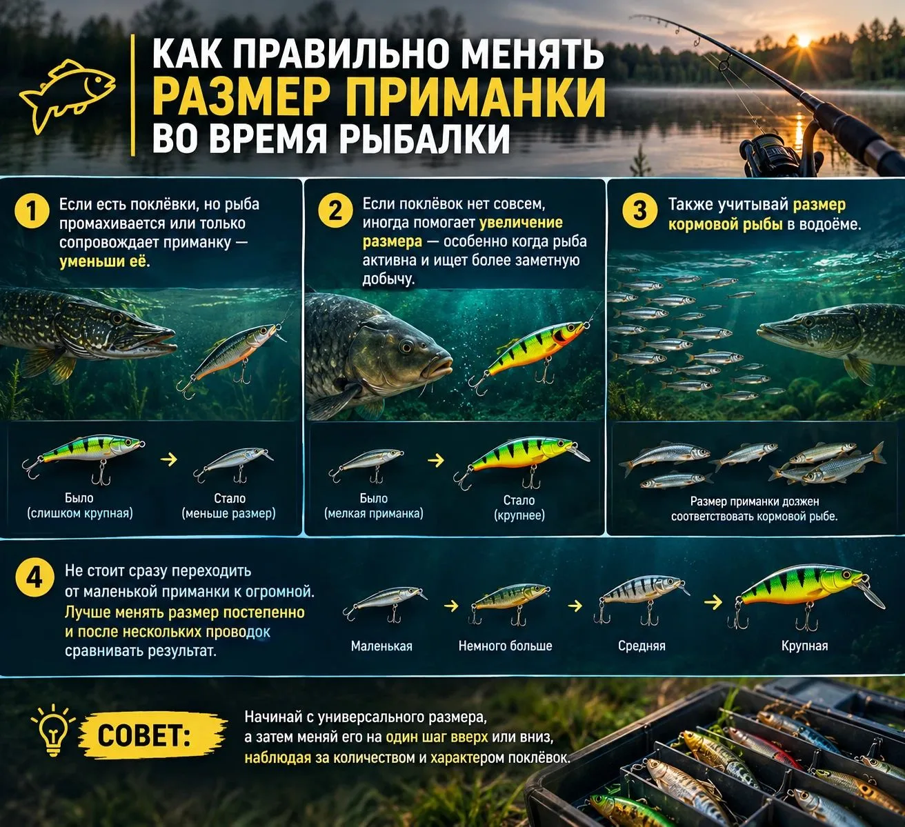 🎣 Как правильно менять размер приманки во время рыбалки