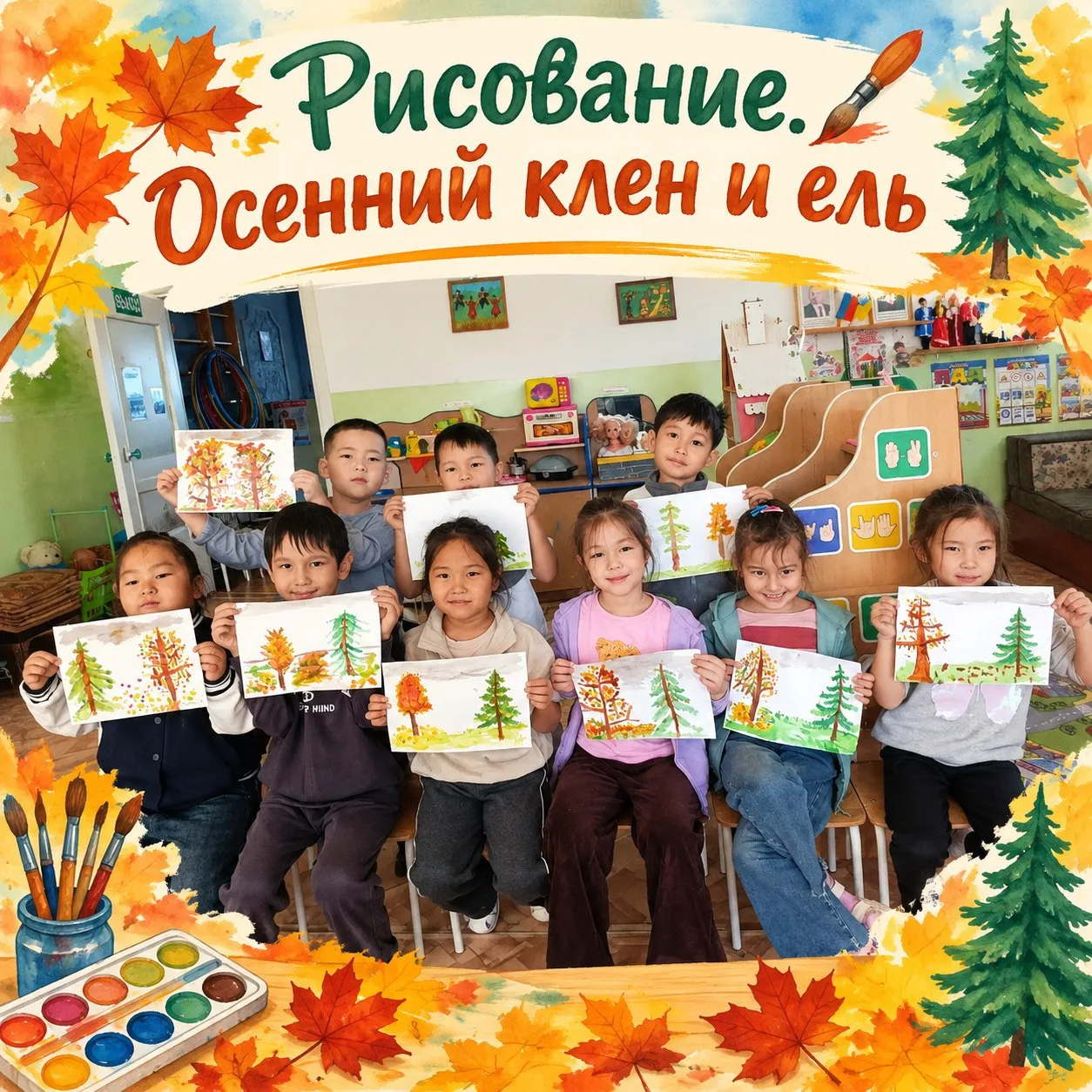 🍁Рисование на тему "Осенний клён и ель" 🌲