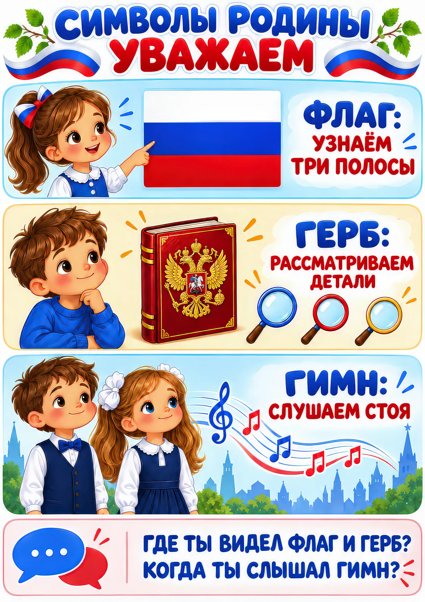 Флаг на здании сада, гимн на празднике, герб на мамином паспорте — дети видят символы с...