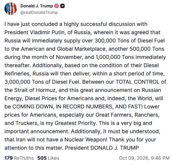 Трамп утверждает, что Россия готова поставить в США и на мировой рынок 300 тысяч тонн д...