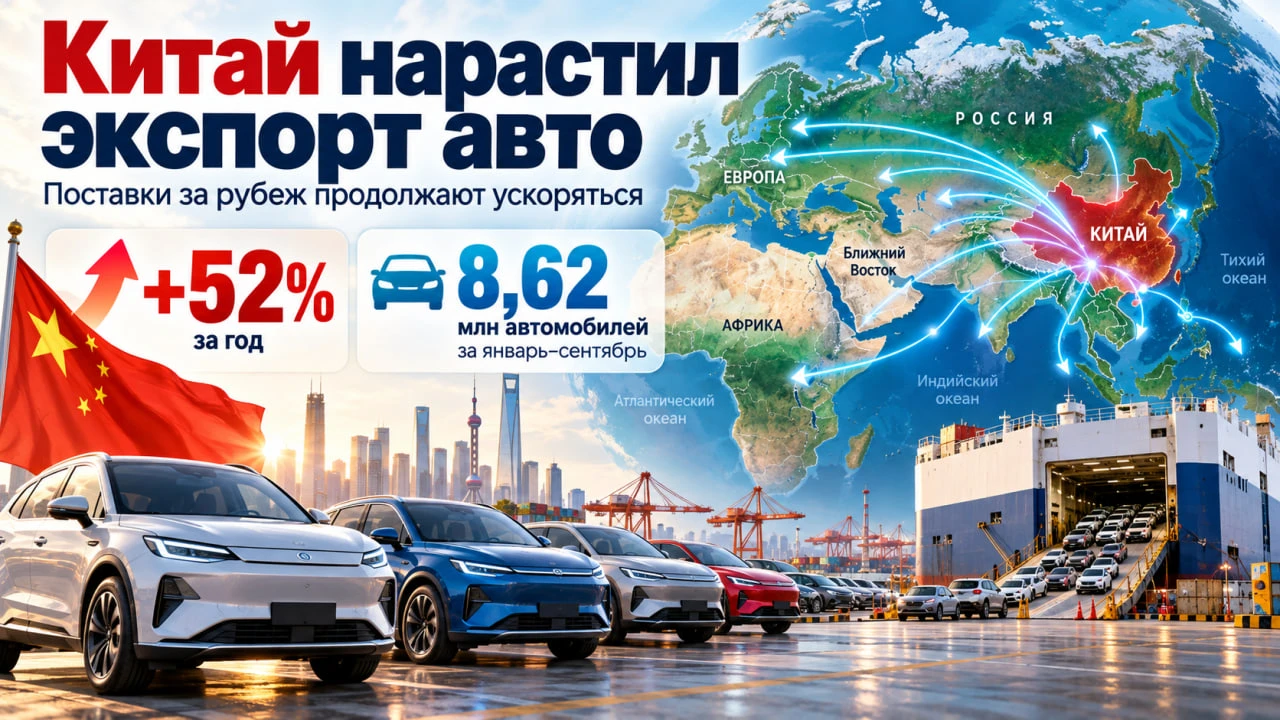 За год Китай увеличил экспорт автомобилей почти на 52%. За январь—сентябрь КНР отправил...