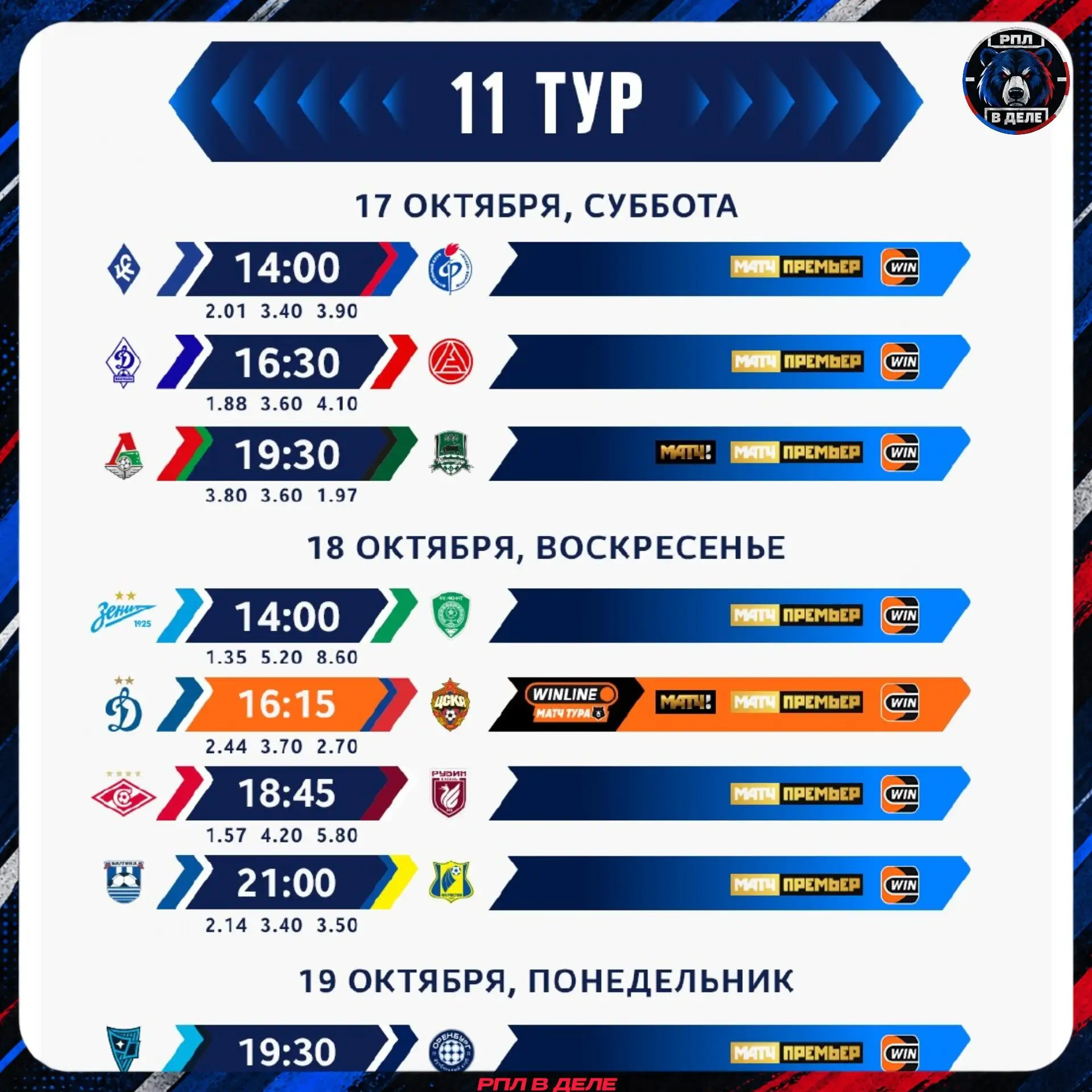 📆 Расписание 11 тура.