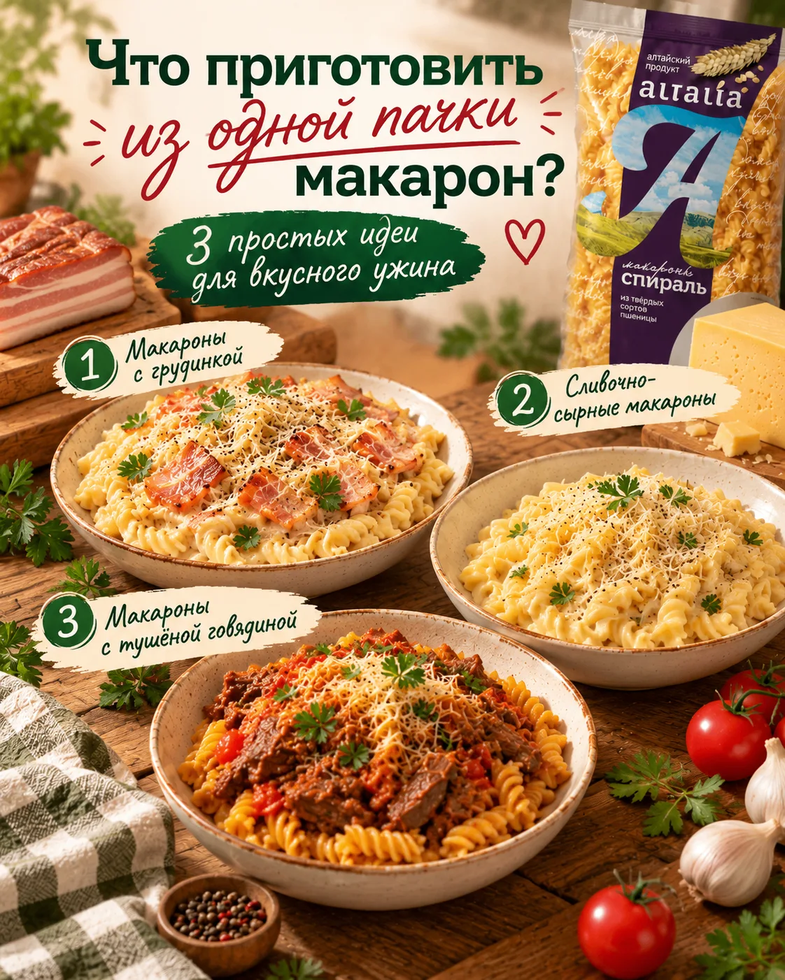 🍝 Одна пачка макарон — три идеи для вкусного ужина