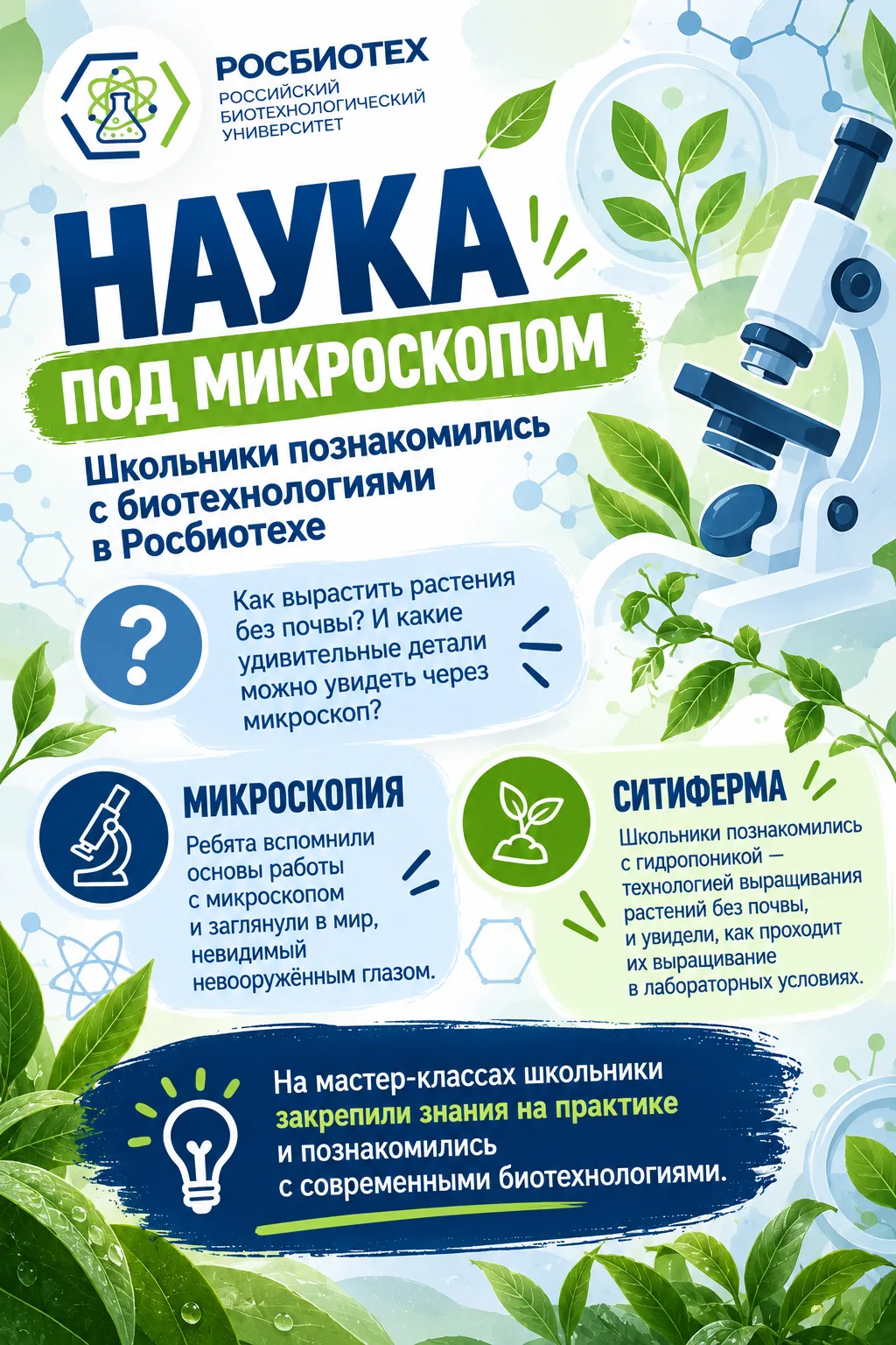 🔬 Наука под микроскопом: школьники познакомились с биотехнологиями в Росбиотехе