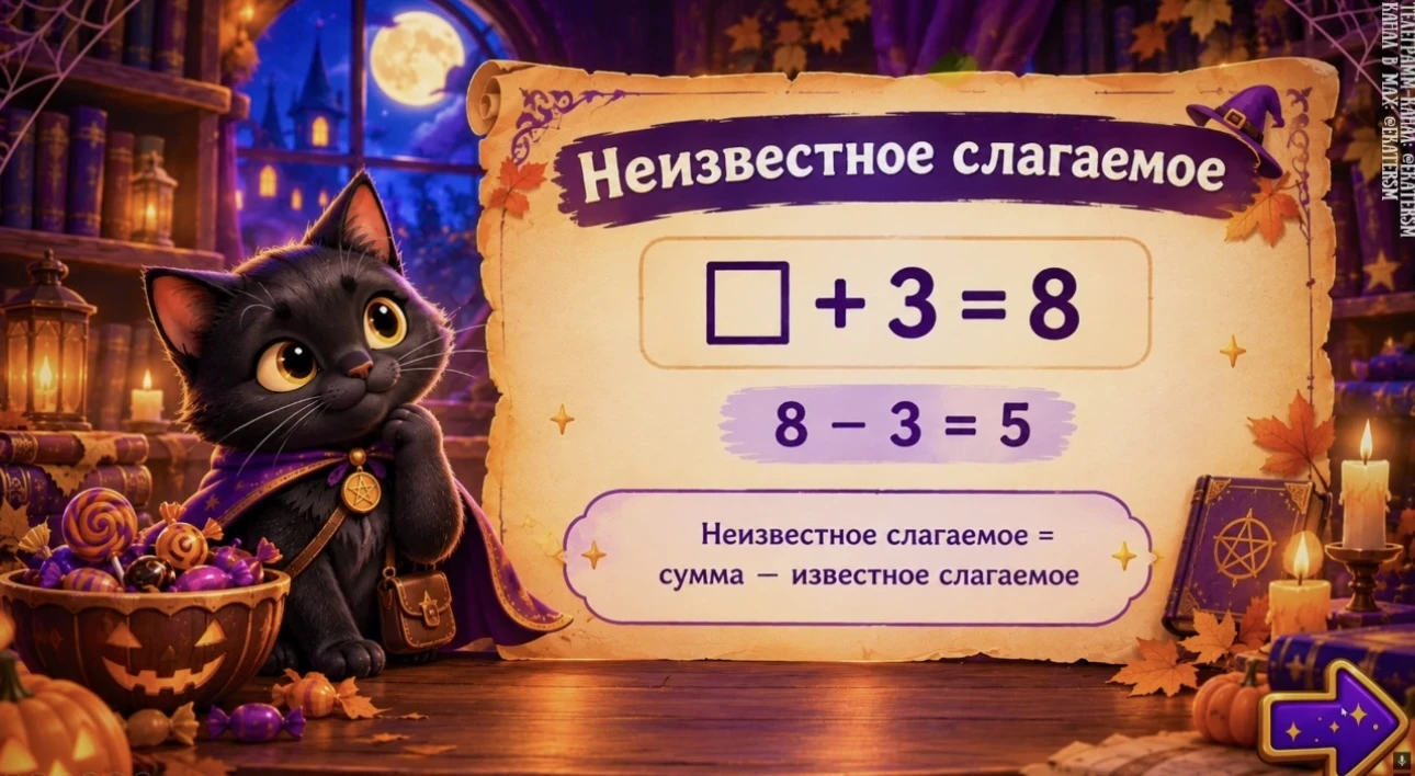 Тренажер по теме  "Уравнение. Компоненты сложения и вычитания" - с котом Ноксом- 1,2 кл...