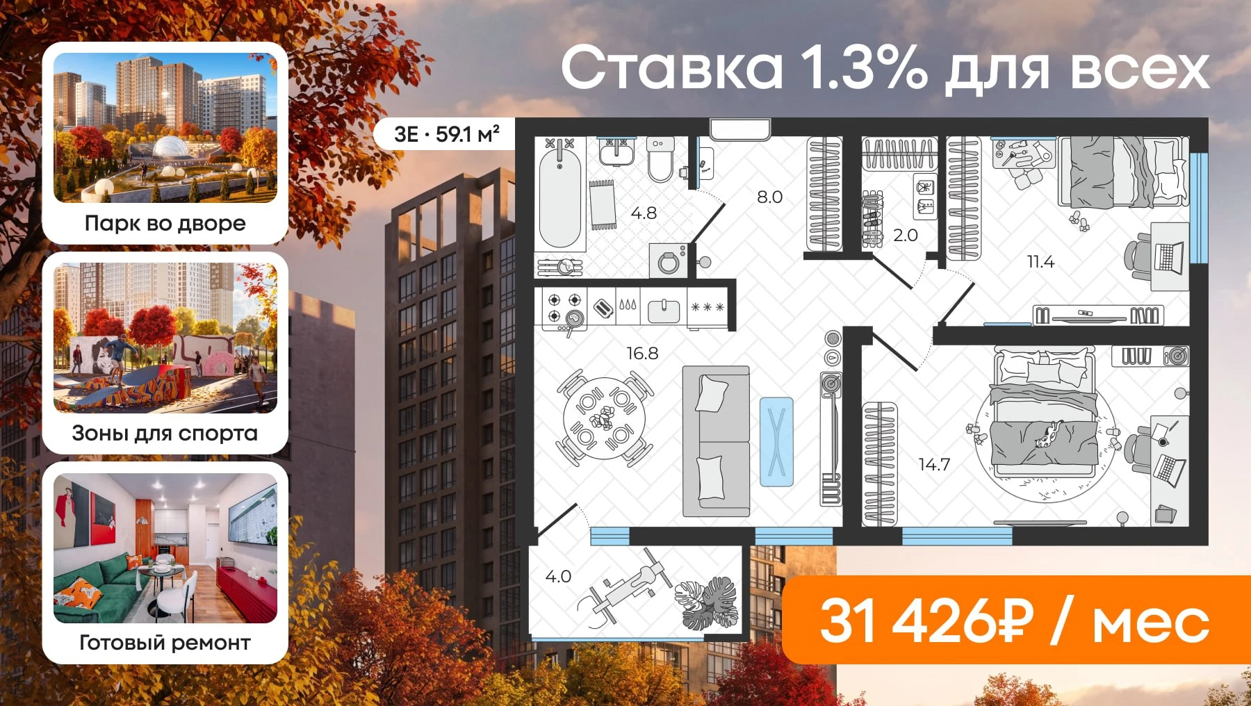 В новом квартале у Невы действует сниженная ставка 1.3% для всех 😎