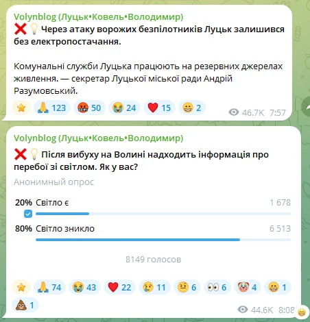 😏 Луцк и Ковель до сих пор большей частью обесточены после ночных ударов.