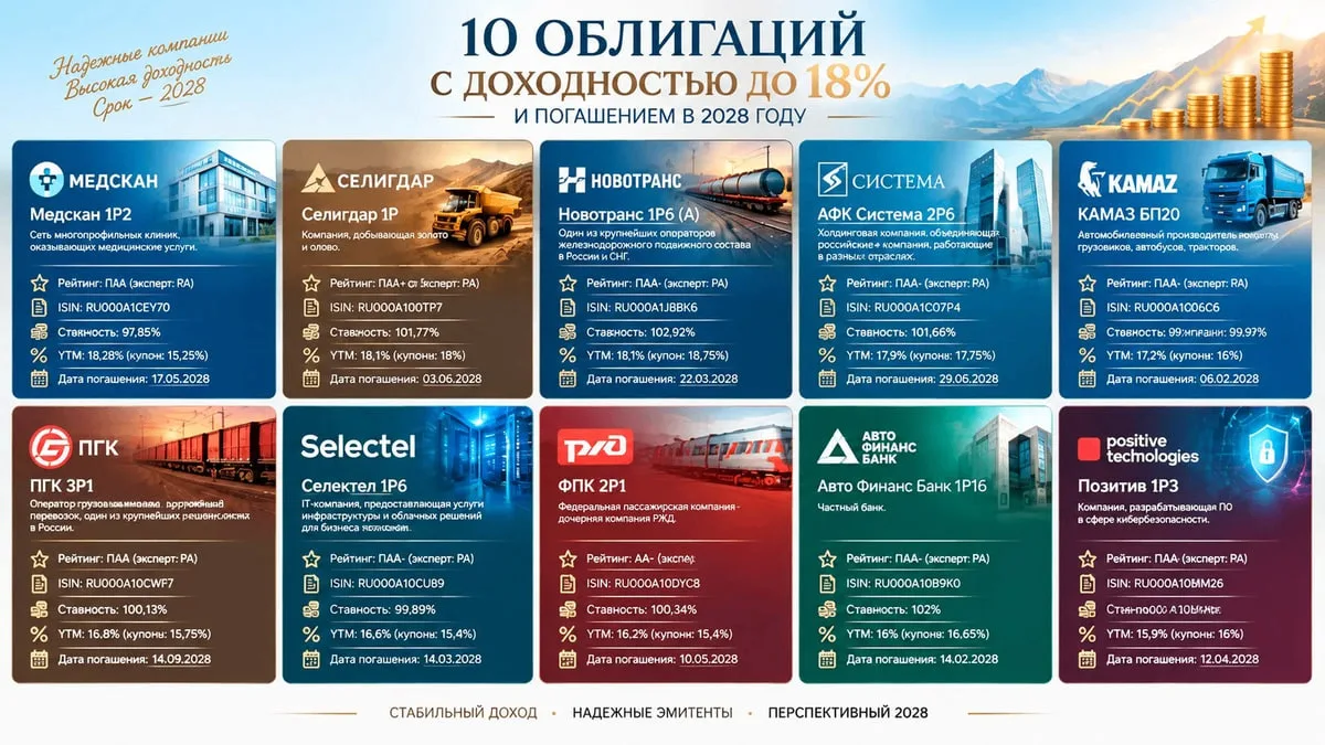 10 облигаций с доходностью до 18% и погашением в 2028 году