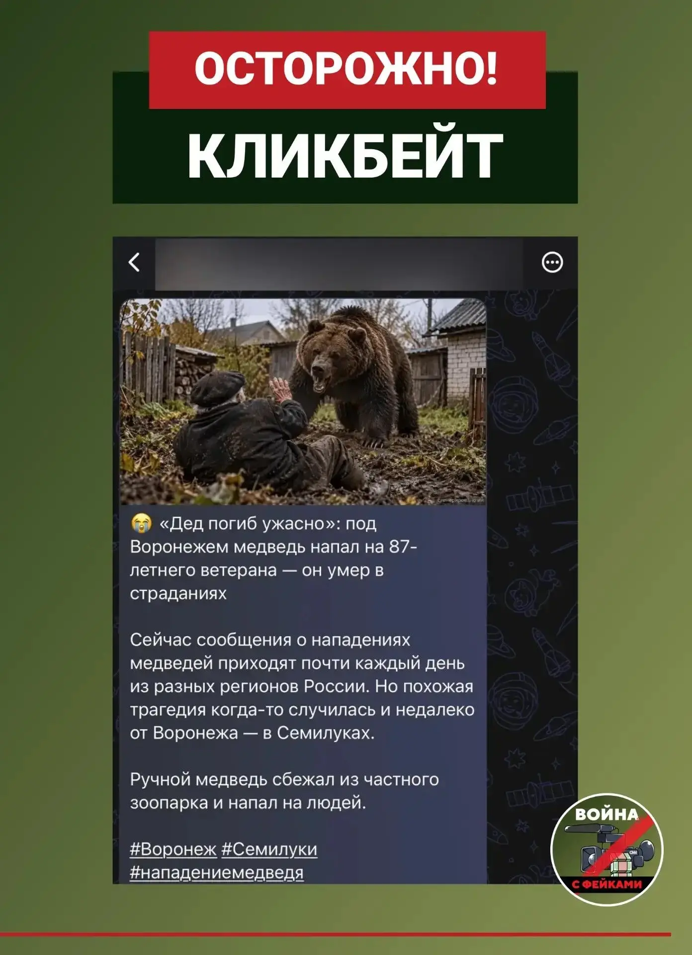 В Воронеже в пабликах распространяется новость о нападении медведя на 87-летнего ветерана