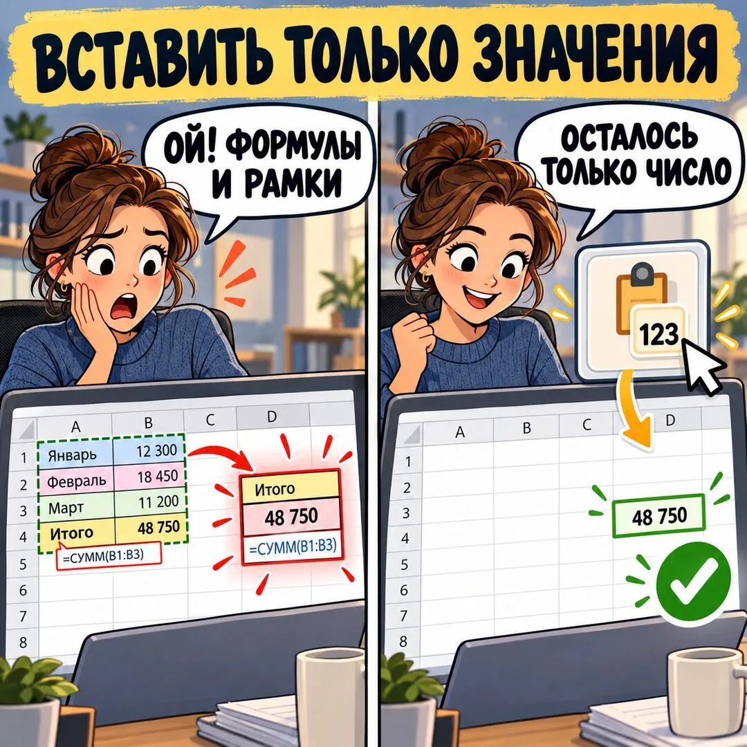 📊 Как вставить только числа — без формул, цветов и лишних рамок
