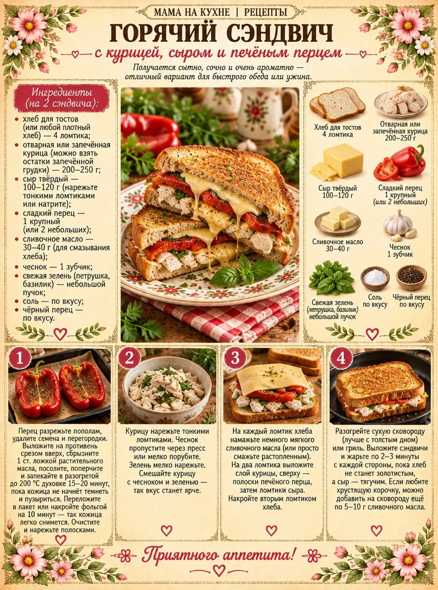 🌸 Горячий сэндвич с курицей, сыром и печёным перцем 🌸