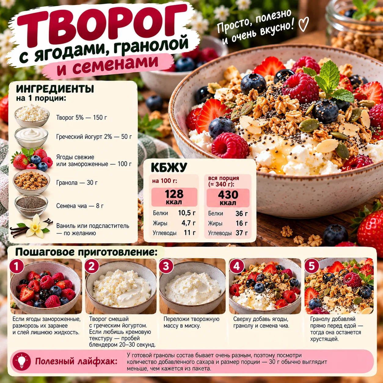 🍓 ТВОРОГ С ЯГОДАМИ, ГРАНОЛОЙ И СЕМЕНАМИ