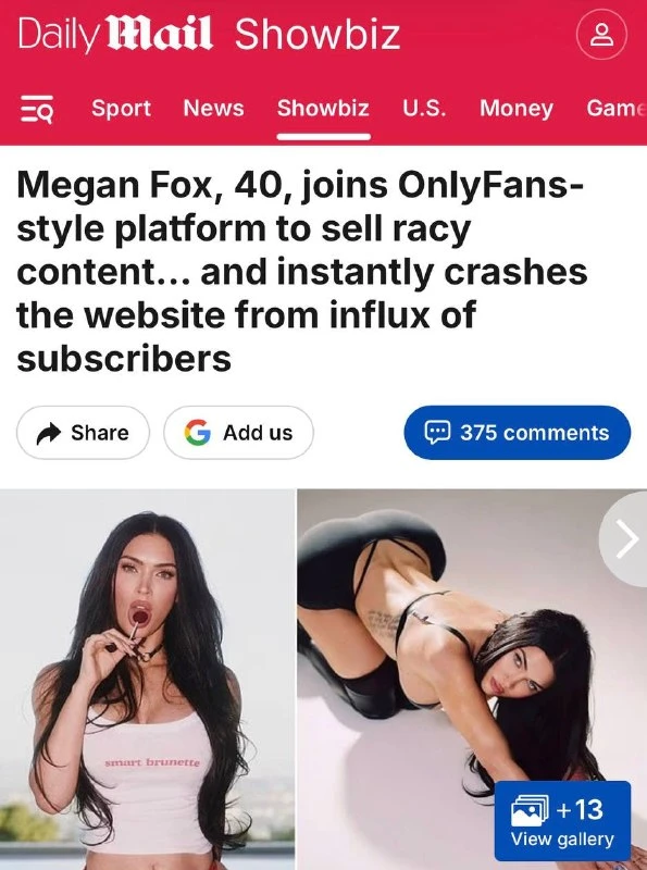 Меган Фокс ушла на OnlyFans — точнее, на его аналог Subs, где актриса теперь продаёт св...