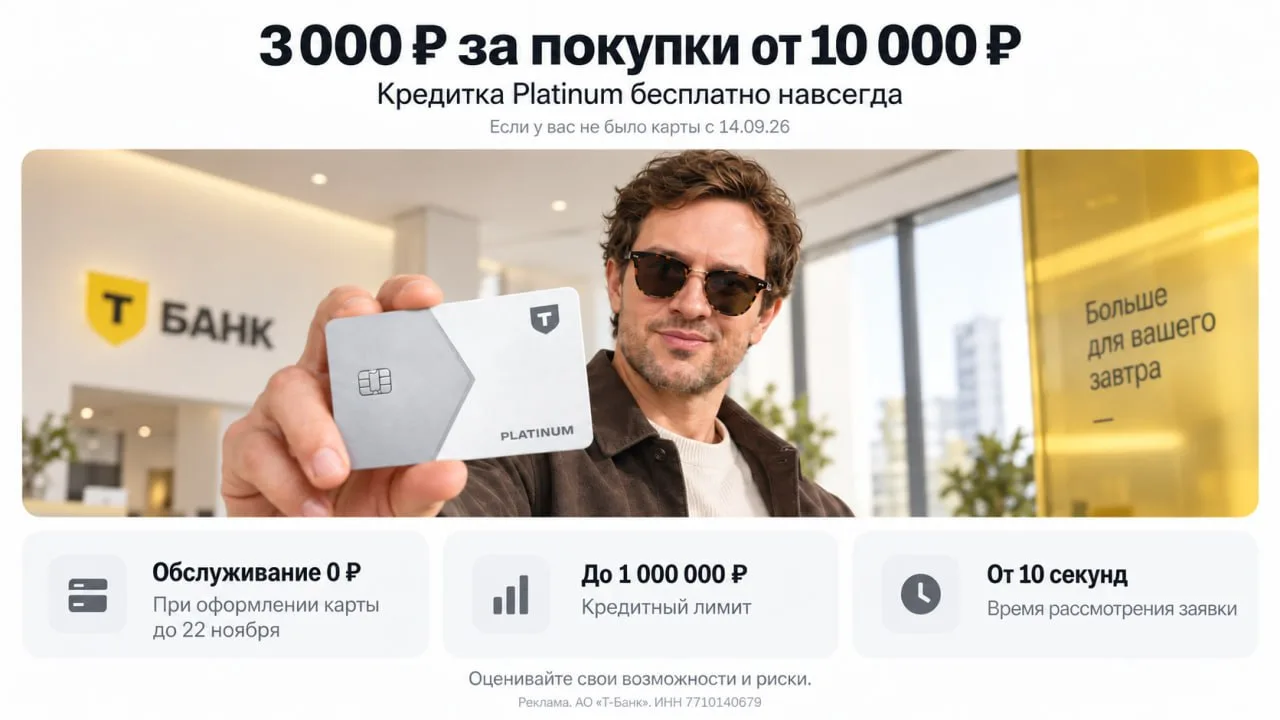 Т-Банк: 3000₽ за кредитку Platinum с вечным бесплатным обслуживанием