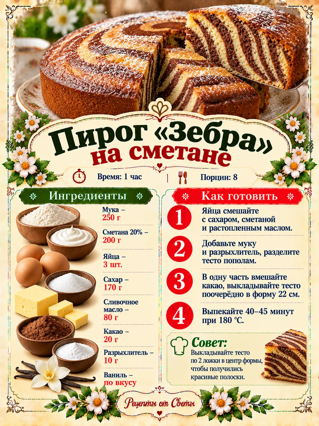 🍰 Полосатый пирог «Зебра» на сметане, который удивляет красивым узором ещё до первого ...