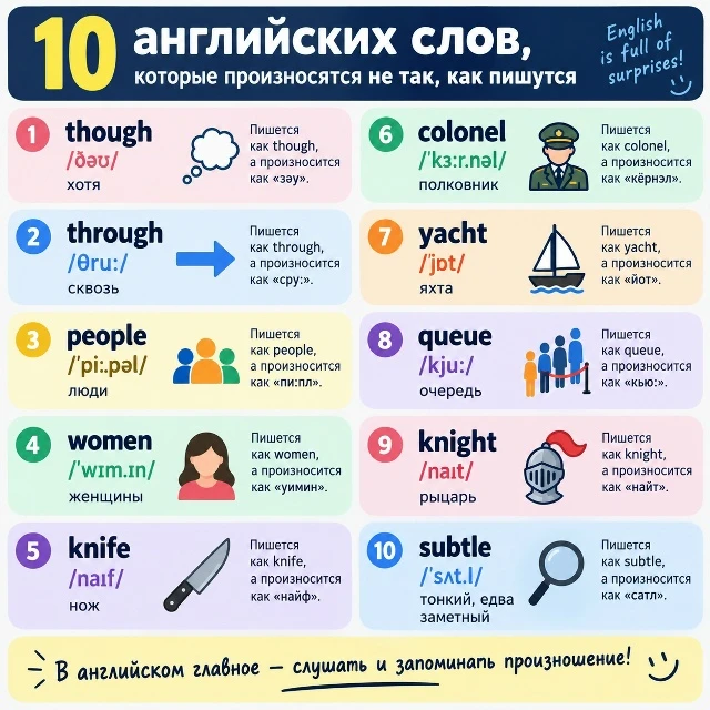 🇬🇧 10 английских слов, которые произносятся не так, как пишутся