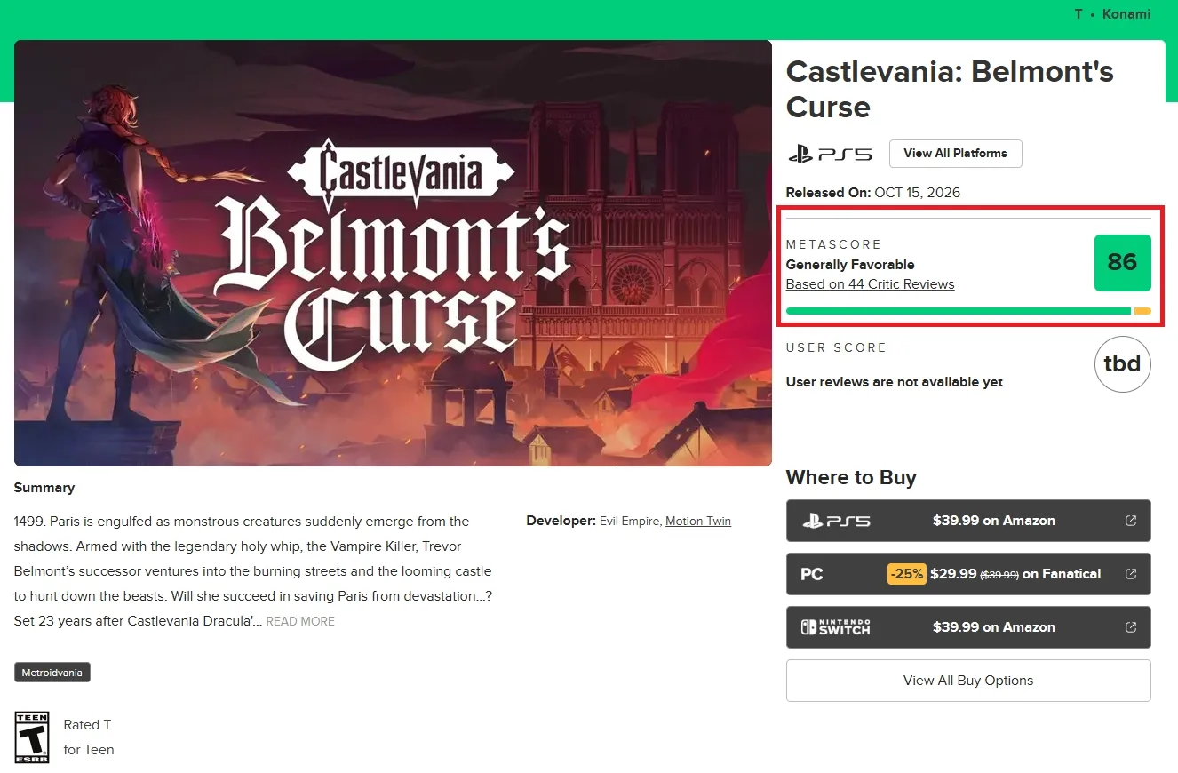 «Достойное возвращение легендарной серии»: Castlevania: Belmont's Curse стартовала с 86...