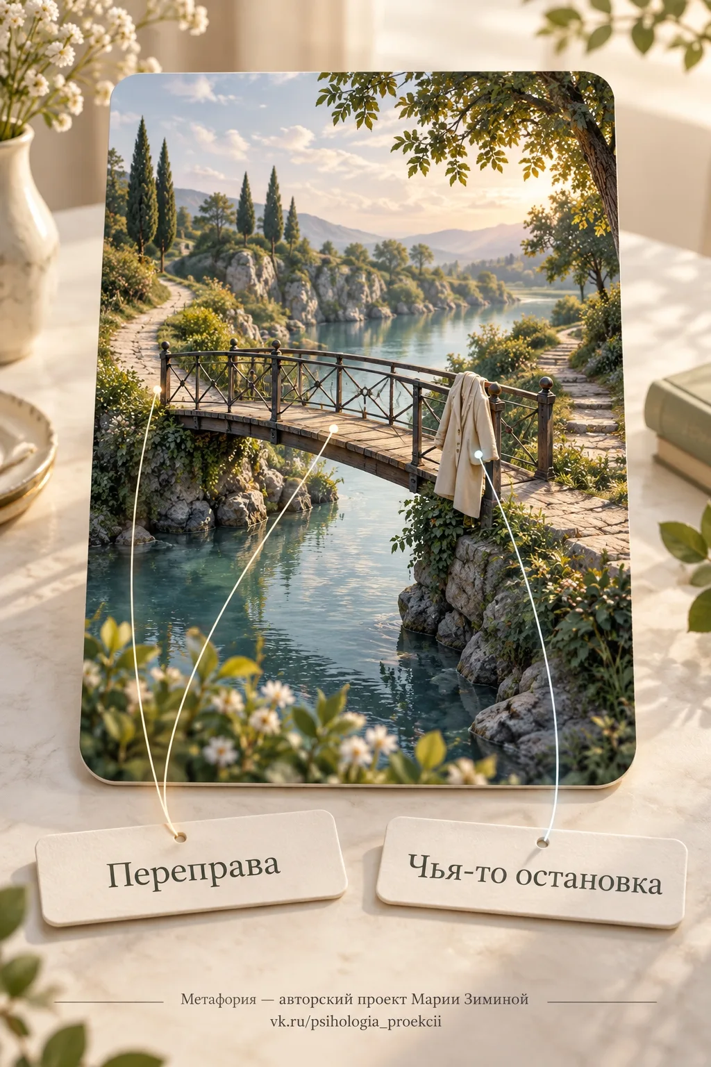 Через реку перекинут узкий мост. С двух сторон к нему ведут тропинки, а на перилах виси...