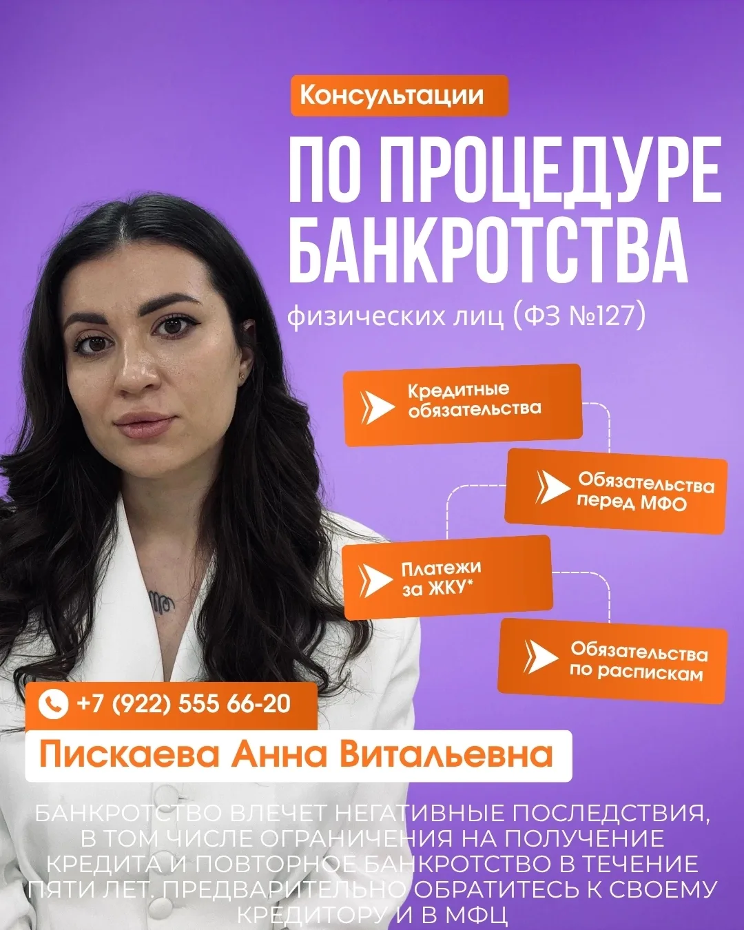 Я -- ПИСКАЕВА АННА ВИТАЛЬЕВНА, СПЕЦИАЛИСТ ПО БАНКРОТСТВУ.