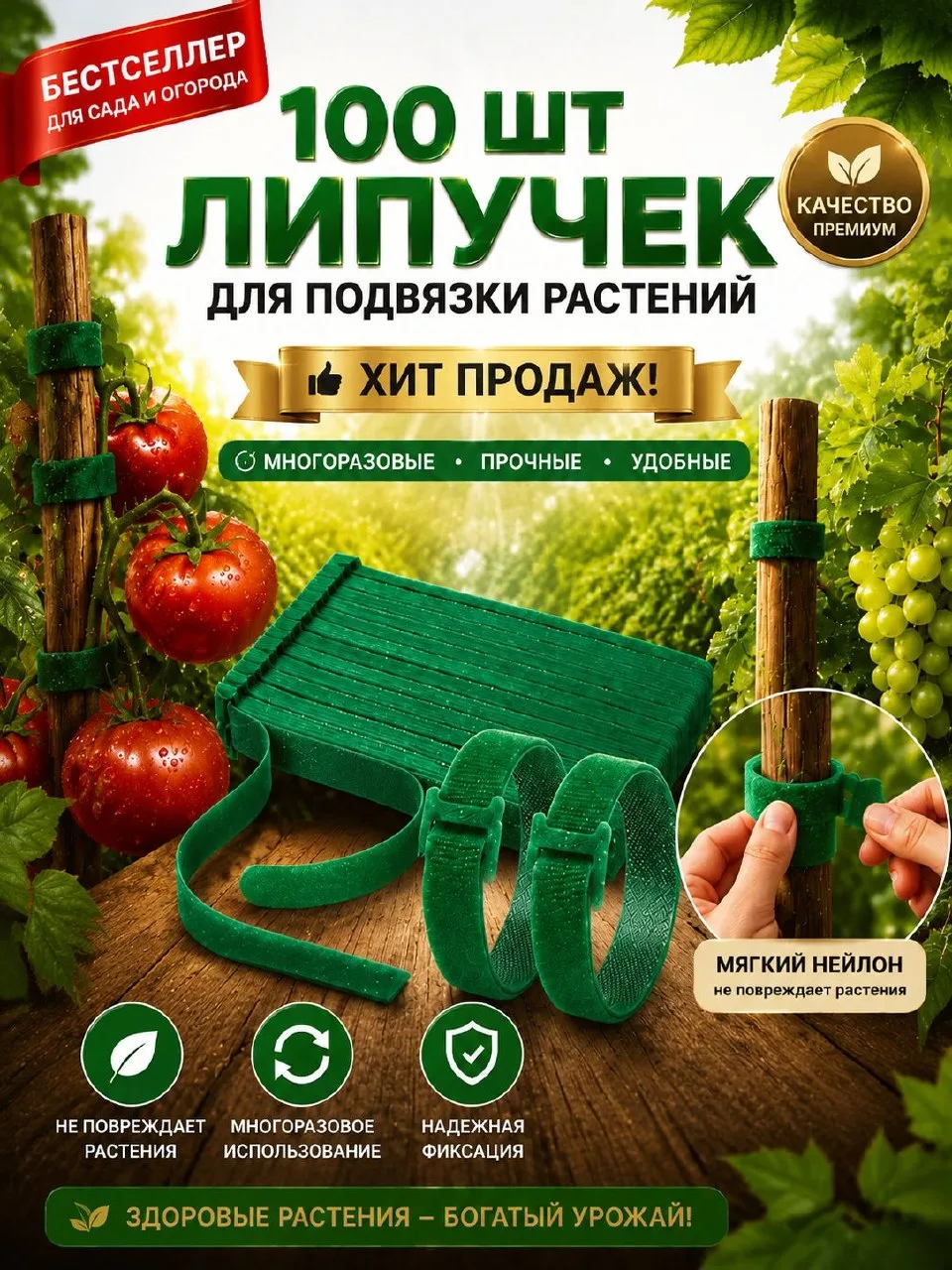 🟠 Лента для подвязки растений 15 см x 1 см 100 шт