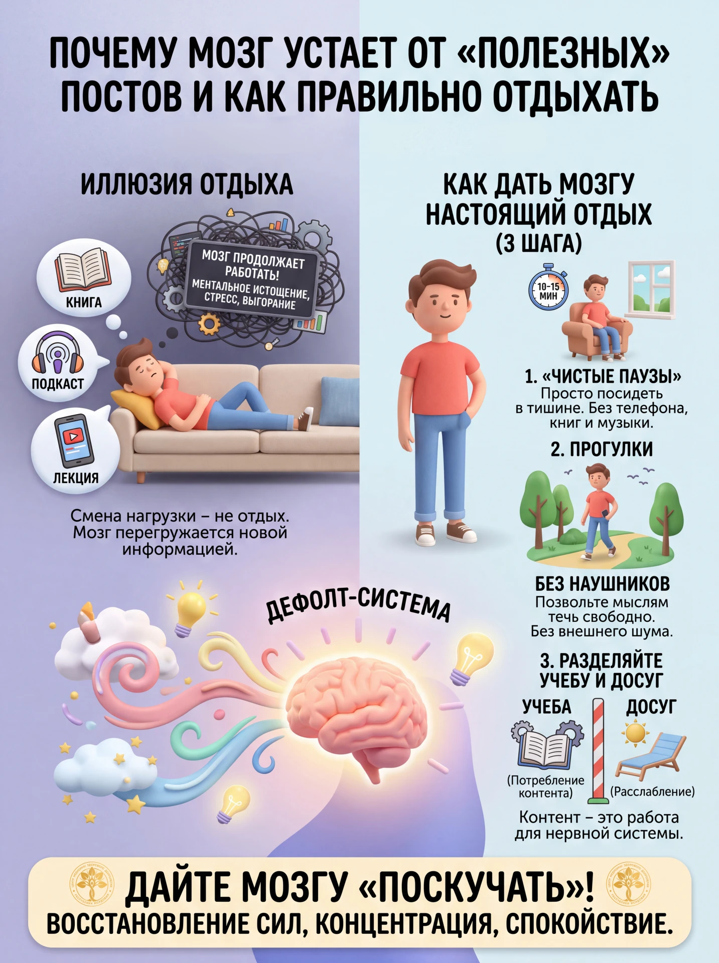 Почему мозг устает от «полезных» постов и как правильно отдыхать