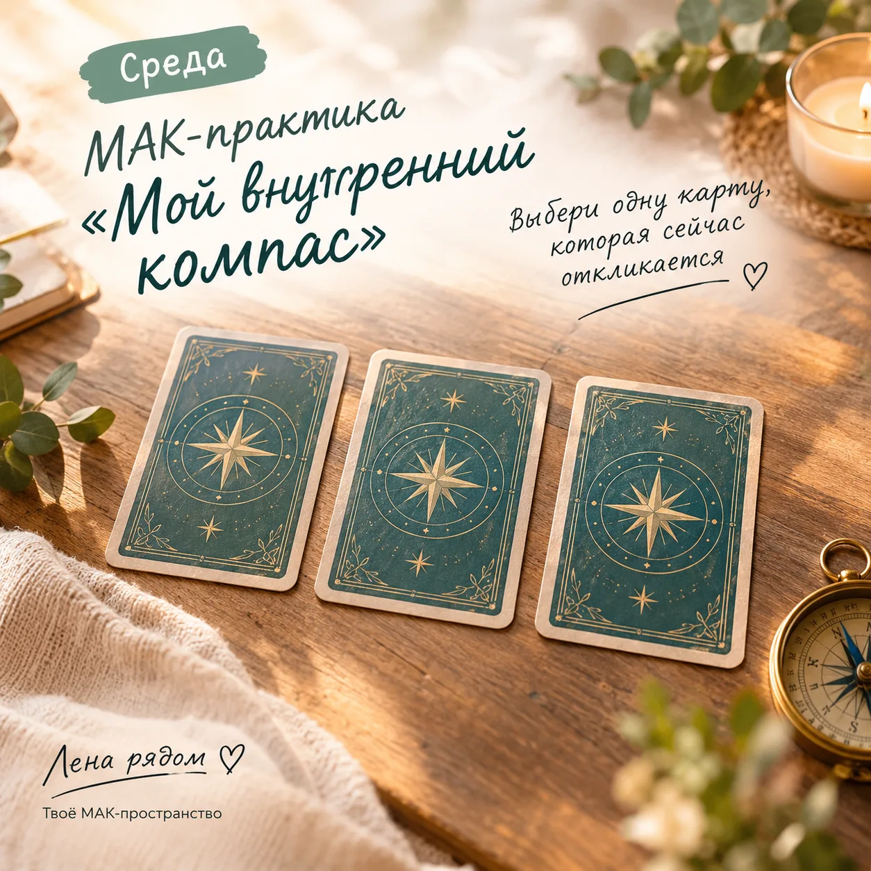 🌿 «Твой компас»: три карты, каждая — свой вопрос.