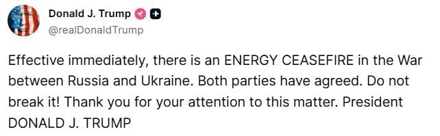 ❗️Трамп заявил, что Россия и Украина согласились на энергетическое перемирие