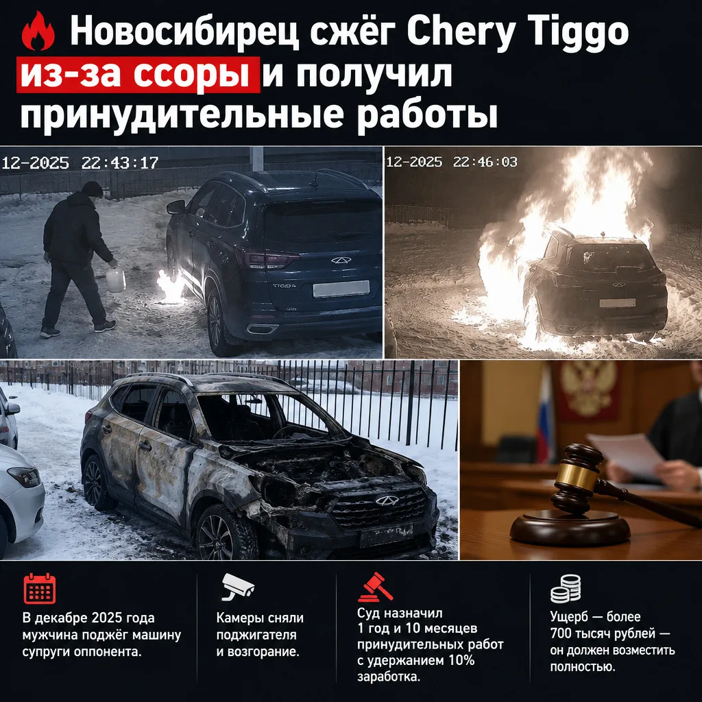 🔥 Новосибирец сжёг Chery Tiggo из-за ссоры и получил принудительные работы