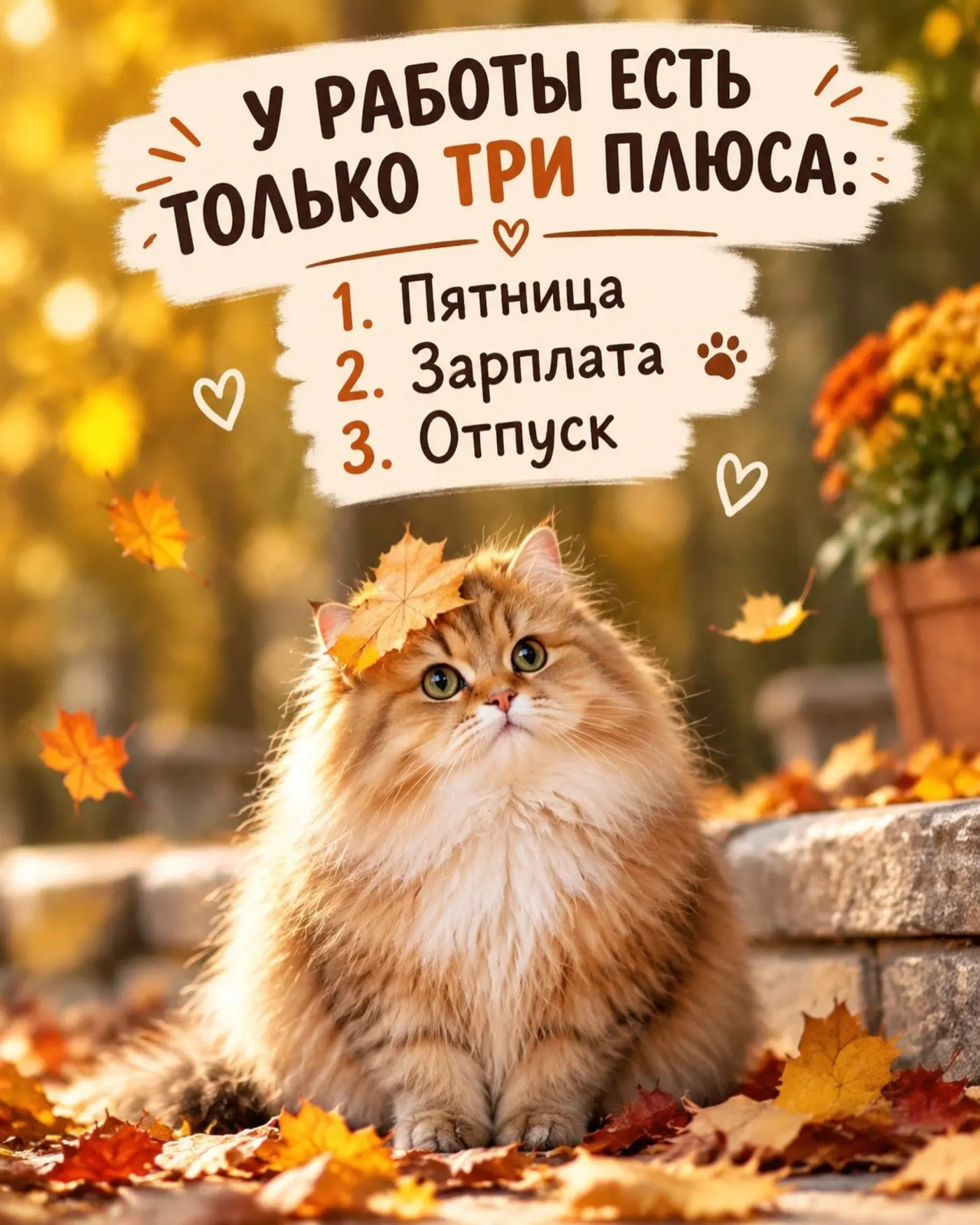 Три главных стимула продуктивности! 🍂🐾 Ждём пятницу, считаем дни до отпуска! ❤️