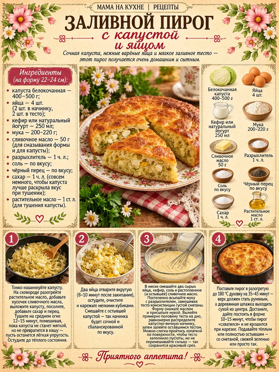 🌸 Заливной пирог с капустой и яйцом 🌸