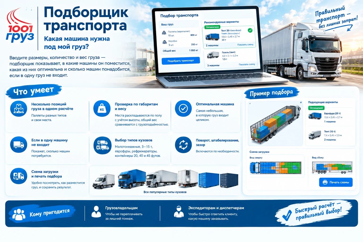 Бесплатный Подборщик транспорта: какая машина нужна под мой груз?