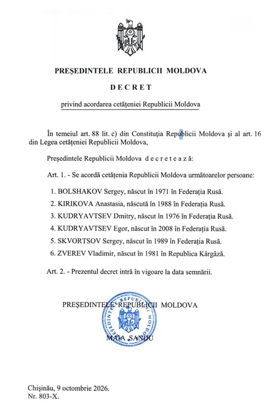 Президентка Санду одарила молдавским гражданством неких уроженцев России и Кыргызстана,...