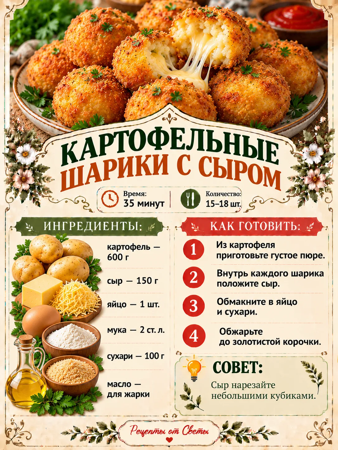 🧀 Хрустящие картофельные шарики с тягучим сыром: рука сама тянется за следующим!
