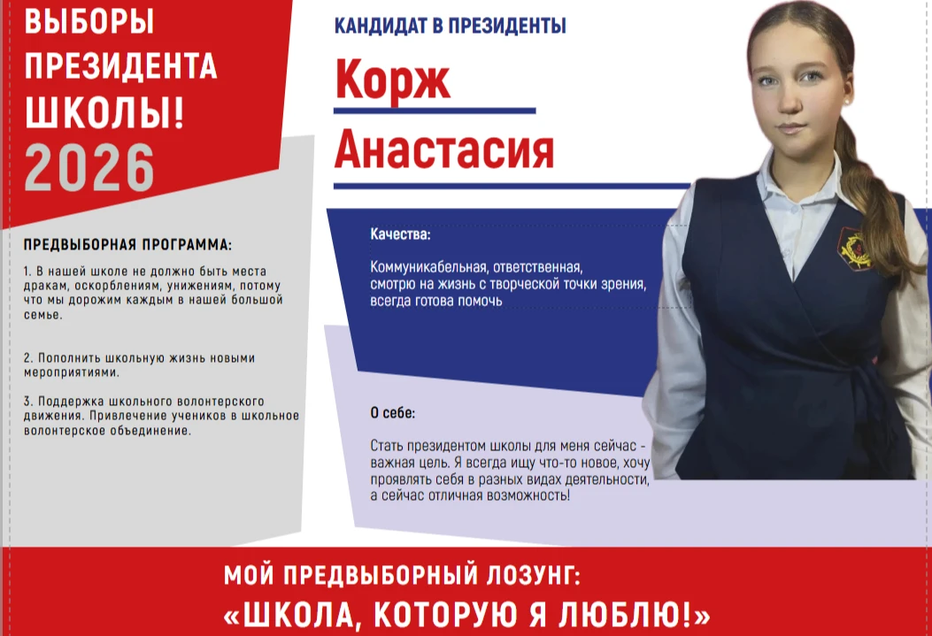 Кандидат на пост лидера школьного ученического самоуправления Корж Анастасия