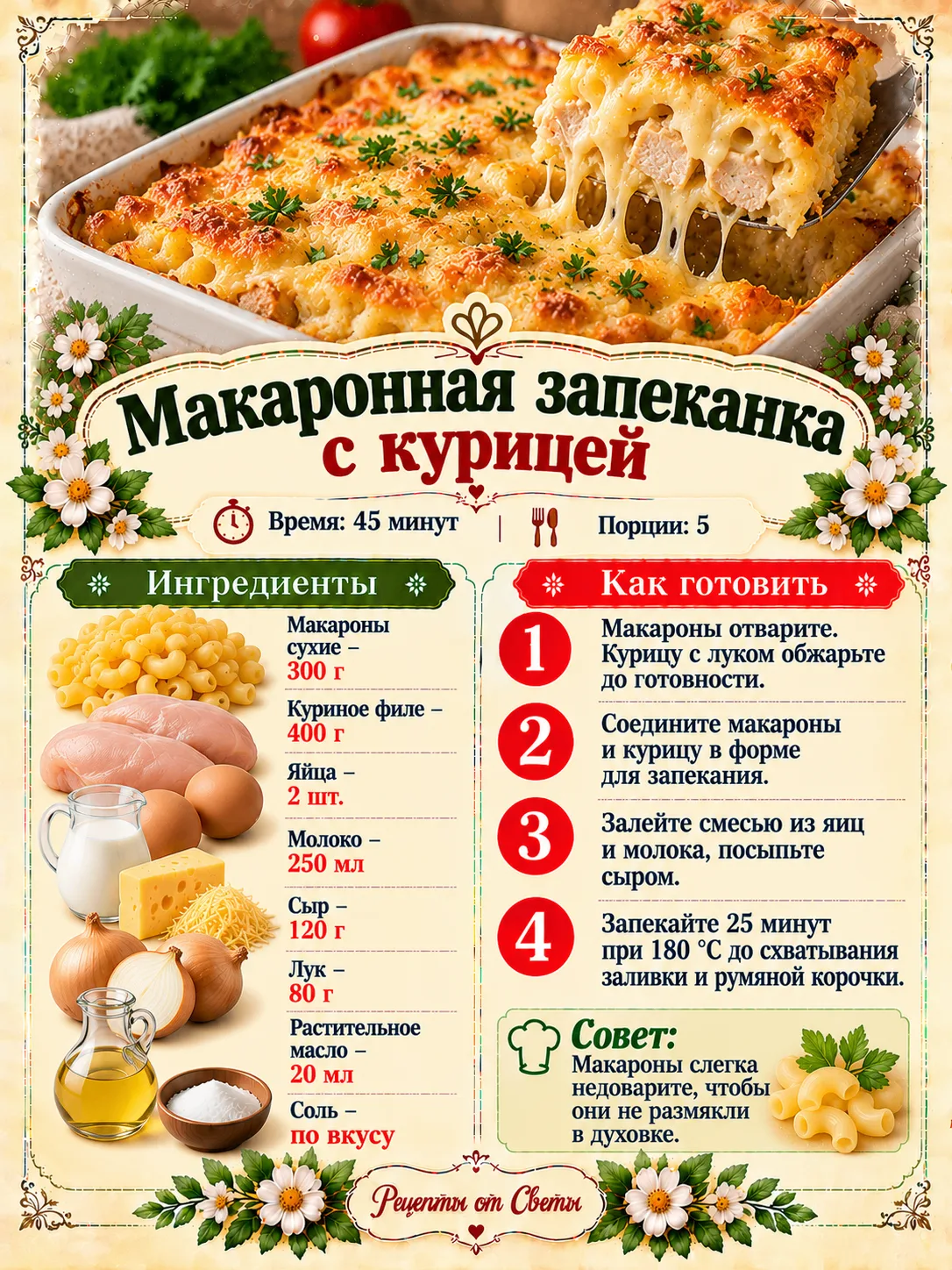 🧀 Макаронная запеканка с курицей под золотистой сырной корочкой, от которой домашние т...