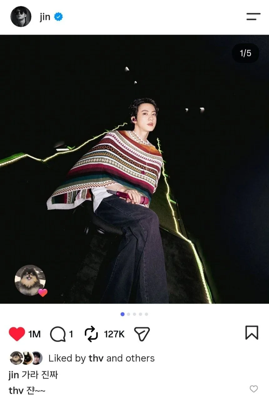 👍 Лайк и коммент Тэхёна на пост Джина в IG 🤩