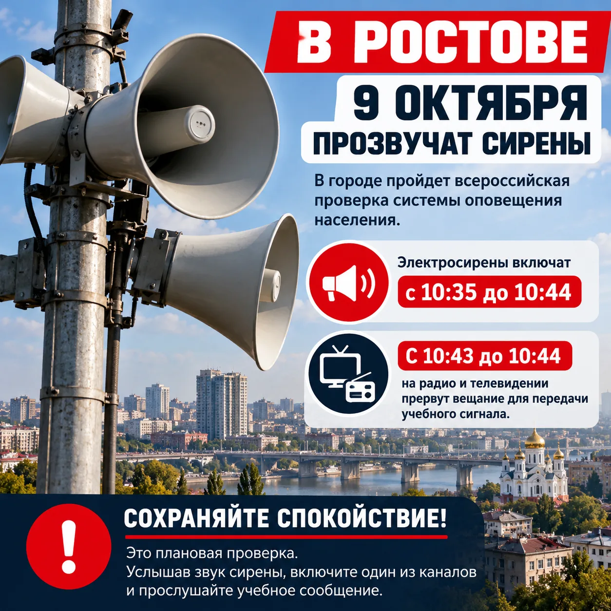 🚨 Напоминаем, сегодня в Ростове прозвучат сирены