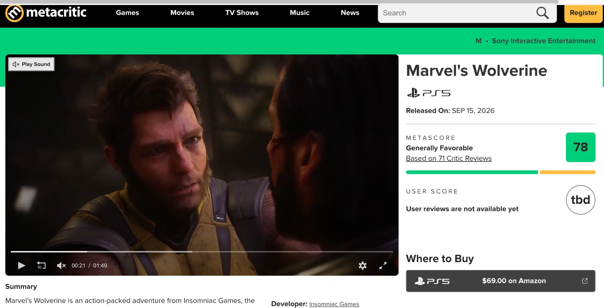 Появились первые оценки Marvel's Wolverine на Metacritic  — 78 баллов из 100.