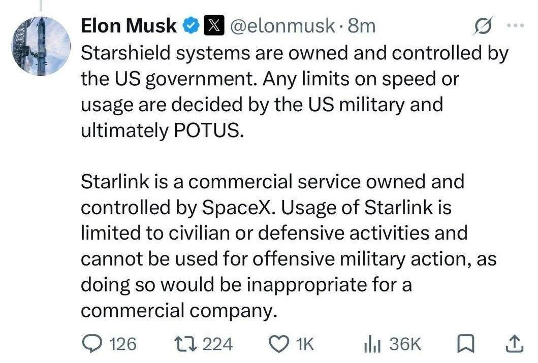 🇺🇸Маск заявил, что это не (!!) он ограничил работу Starlink для Украины, а военные и ...