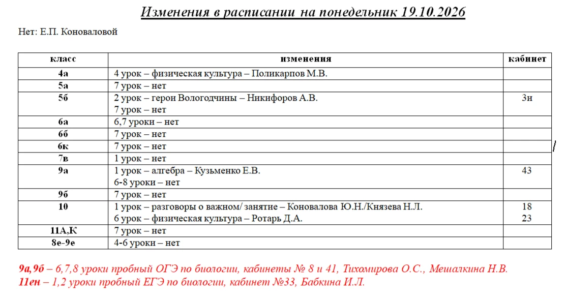 Изменения в расписании на 19 октября 2026 года