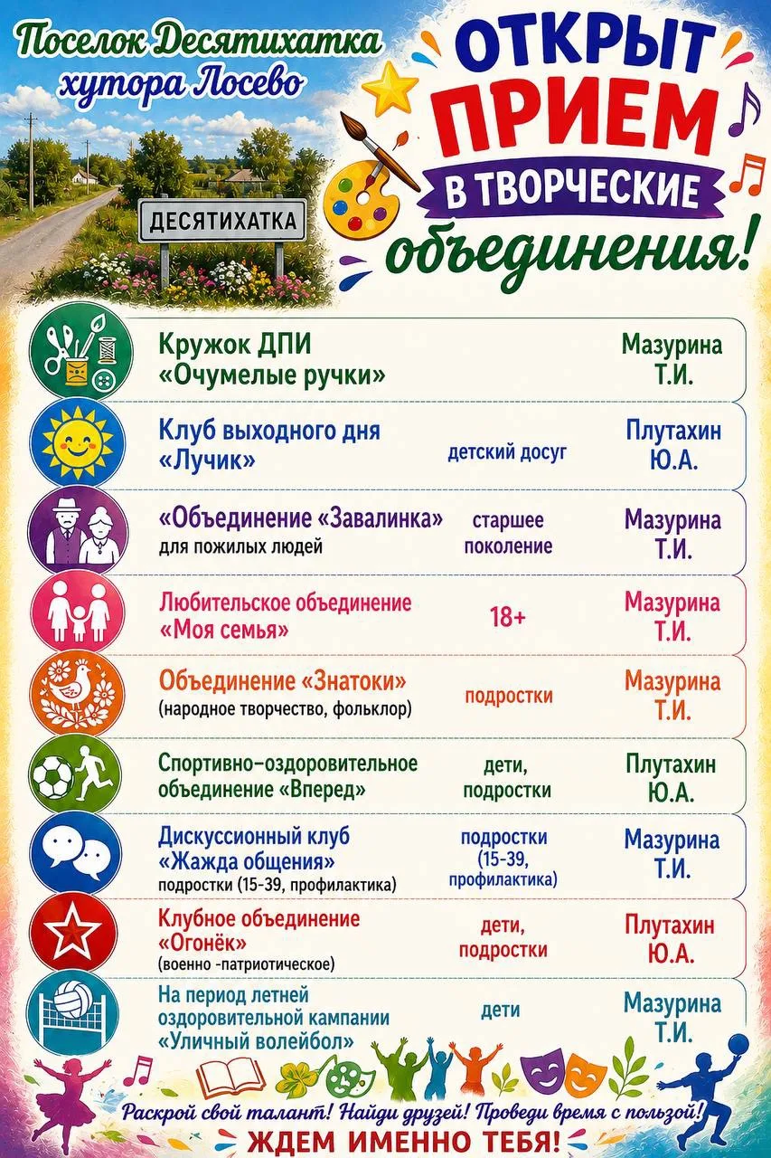 А так же открыт набор в творческие коллективы поселка Десятихатка хутора Лосево!