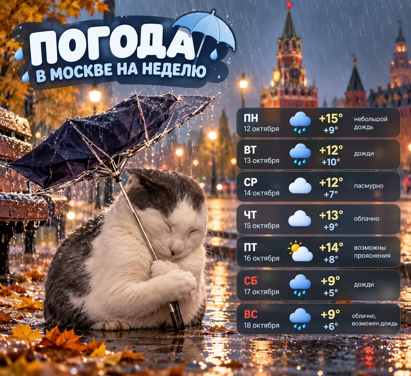 🌧 Москва, готовь зонтики и тёплые куртки! Осень постепенно набирает обороты.